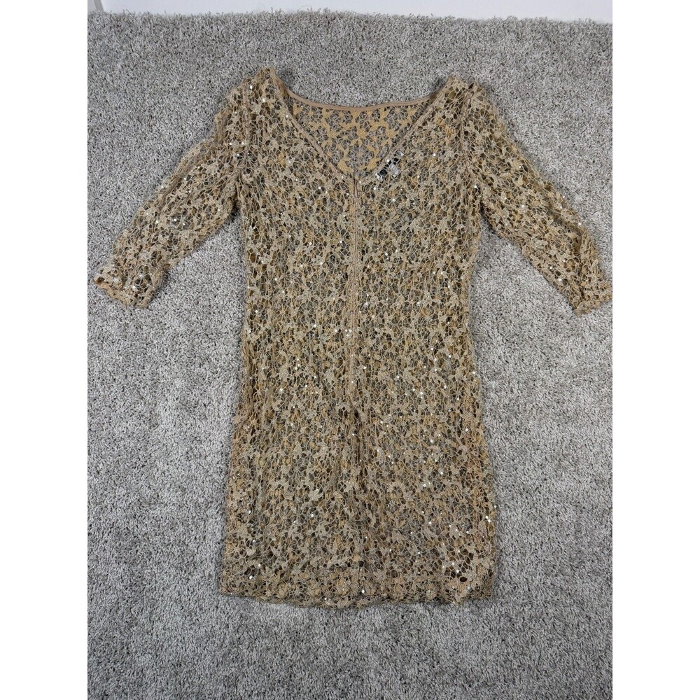 Kay Unger Gold Lace Sequin Sheer Overlay Dress 3/4 Sleeve Cocktail Formal - Picture 6 of 9